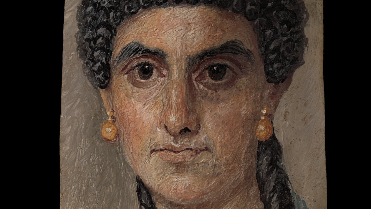 Pintura de panel de una mujer con manto azul, 54-68 d.C. (encausto sobre madera) de Roman Roman
