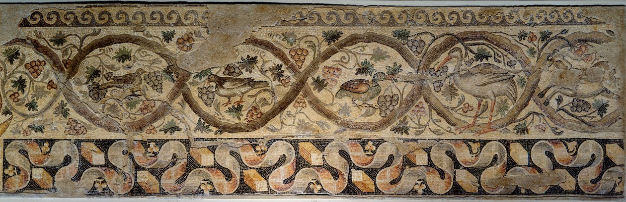 Antigua Roma: mosaico de las estaciones representando flores y animales de Roman