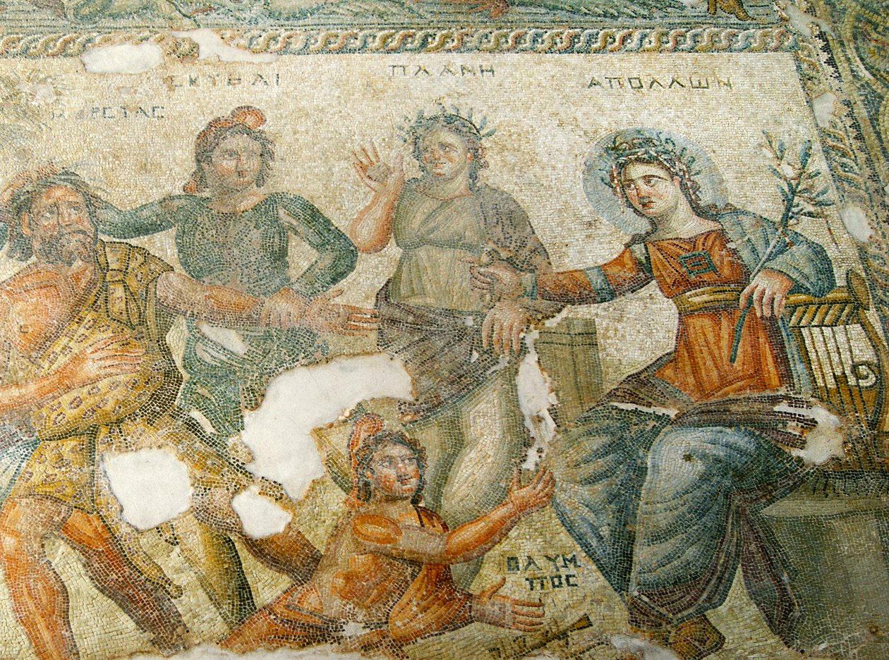 Apolo y Marsias, Casa de Aion, Pafos, Chipre (mosaico) de Roman