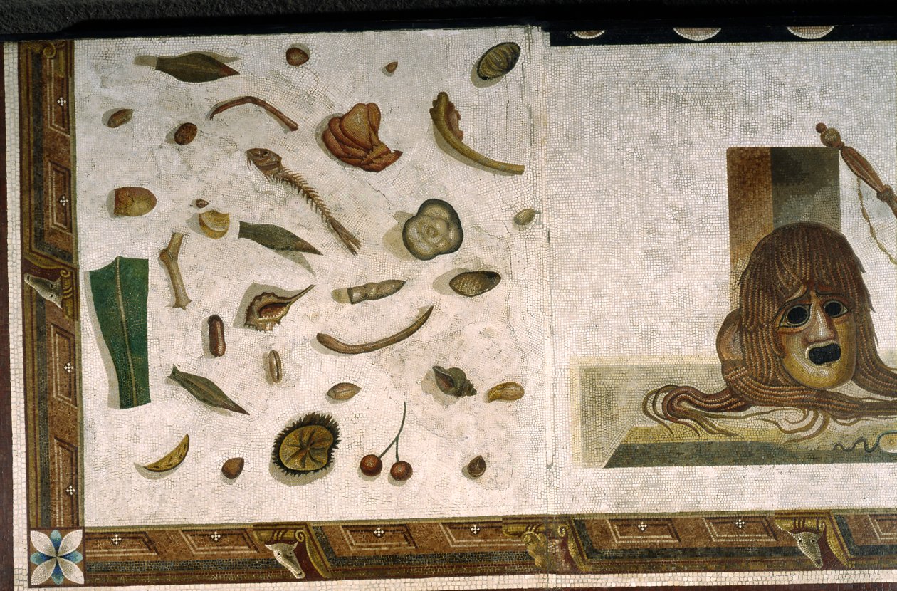 “Asarotos” (Suelo sin barrer) Fragmentos de mosaico firmado por Harakliton de Roma, siglo II d.C., Roma de Roman