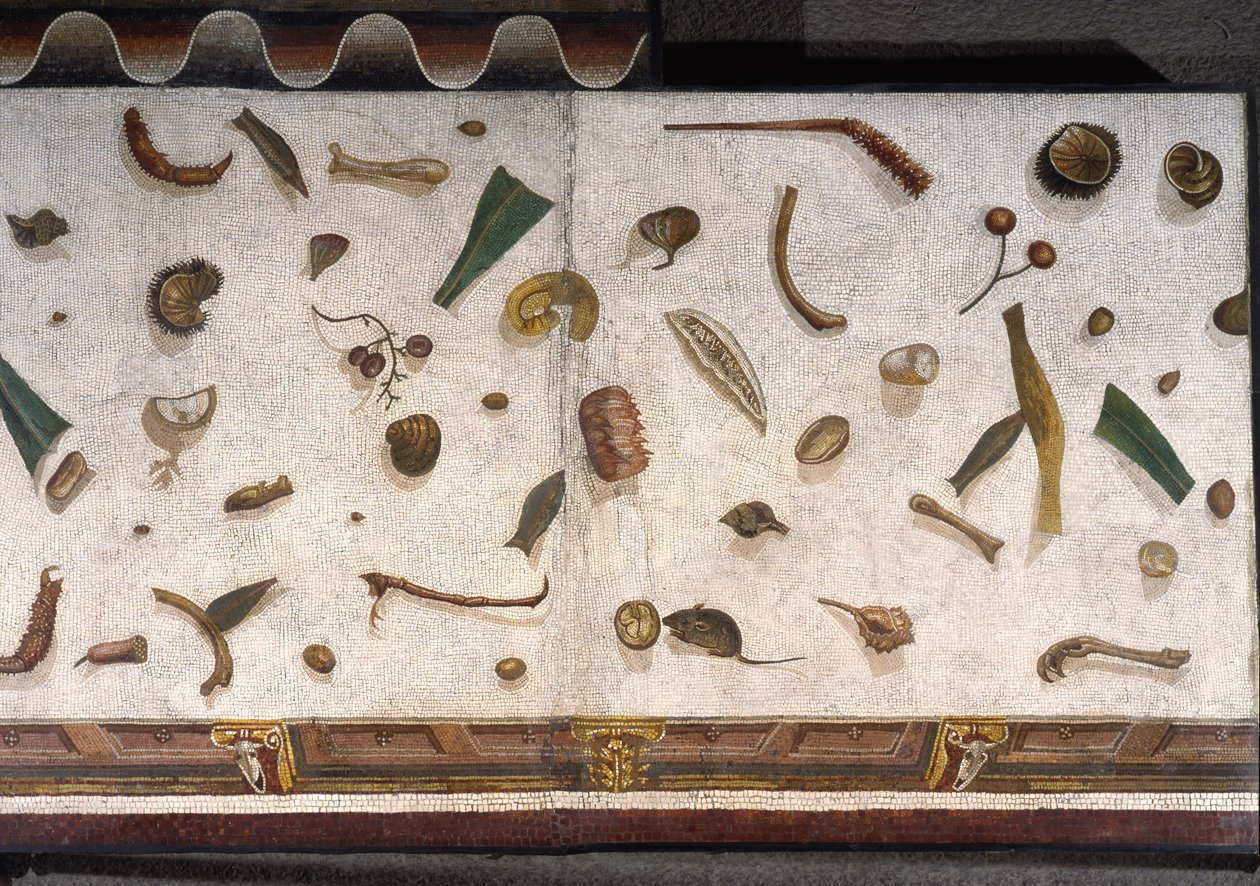 “Asarotos” (Suelo sin barrer) Fragmentos de mosaico firmado por Harakliton de Roma, siglo II d.C., Roma de Roman