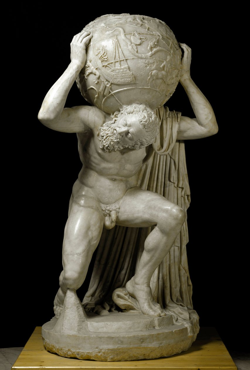 Atlas Farnese llevando el globo celeste simbolizando el conocimiento astronómico de la época. Escultura romana de mármol basada en un original griego. Siglo II. Dim. 191 cm Museo Arqueológico Nacional, Nápoles de Roman