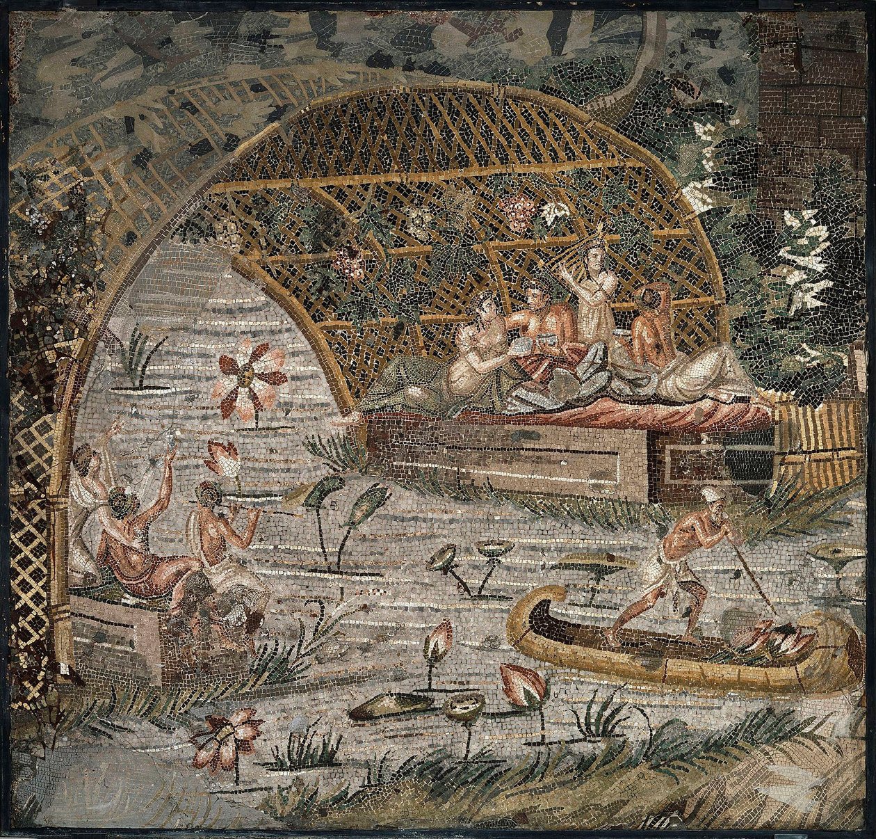 Banquete bajo una pérgola cerca del Nilo - Detalle del Nilo Mosaico de Palestrina - Siglo III a. C. - Nilo mosaico de Palestrina - Siglo III a. C., 95x102 cm - Staatliche Museen, Berlin de Roman