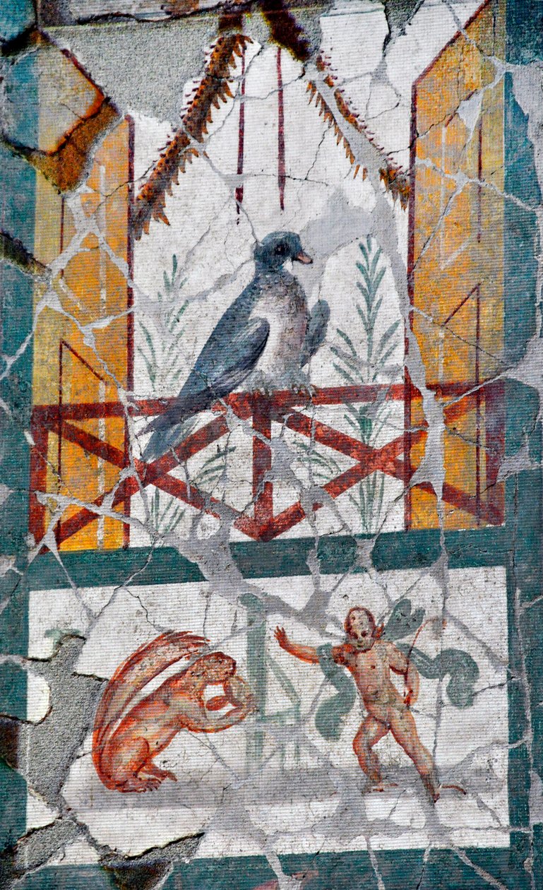 Debajo de un pájaro en un balcón, un Amor enfrenta a una ardilla. Finales del siglo I de Roman