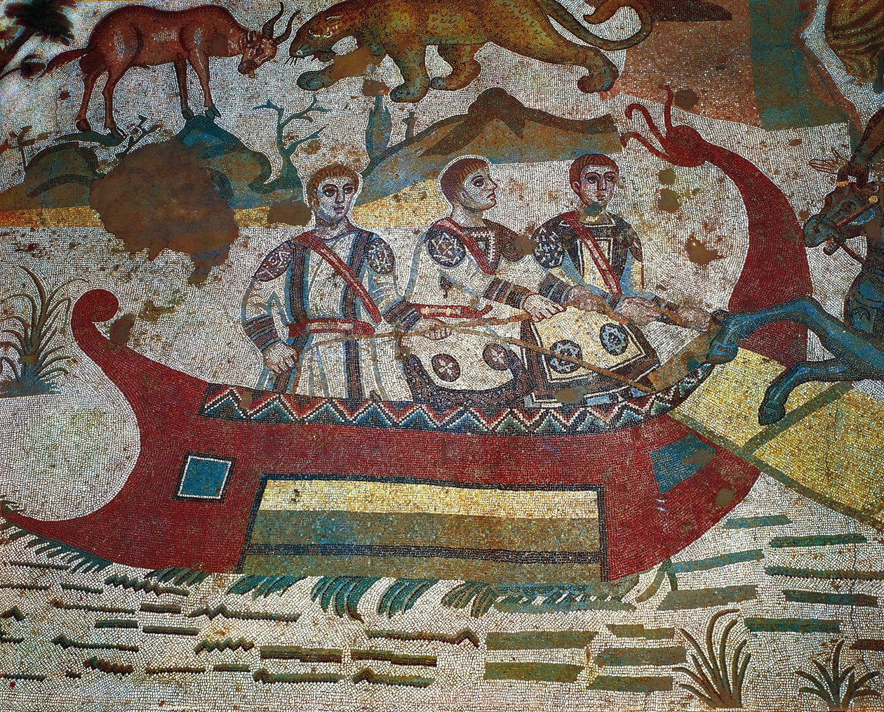 Detalle del mosaico de la Gran Caza, Villa Romana del Casale, Piazza Armerina, Sicilia, Italia, siglo IV de Roman