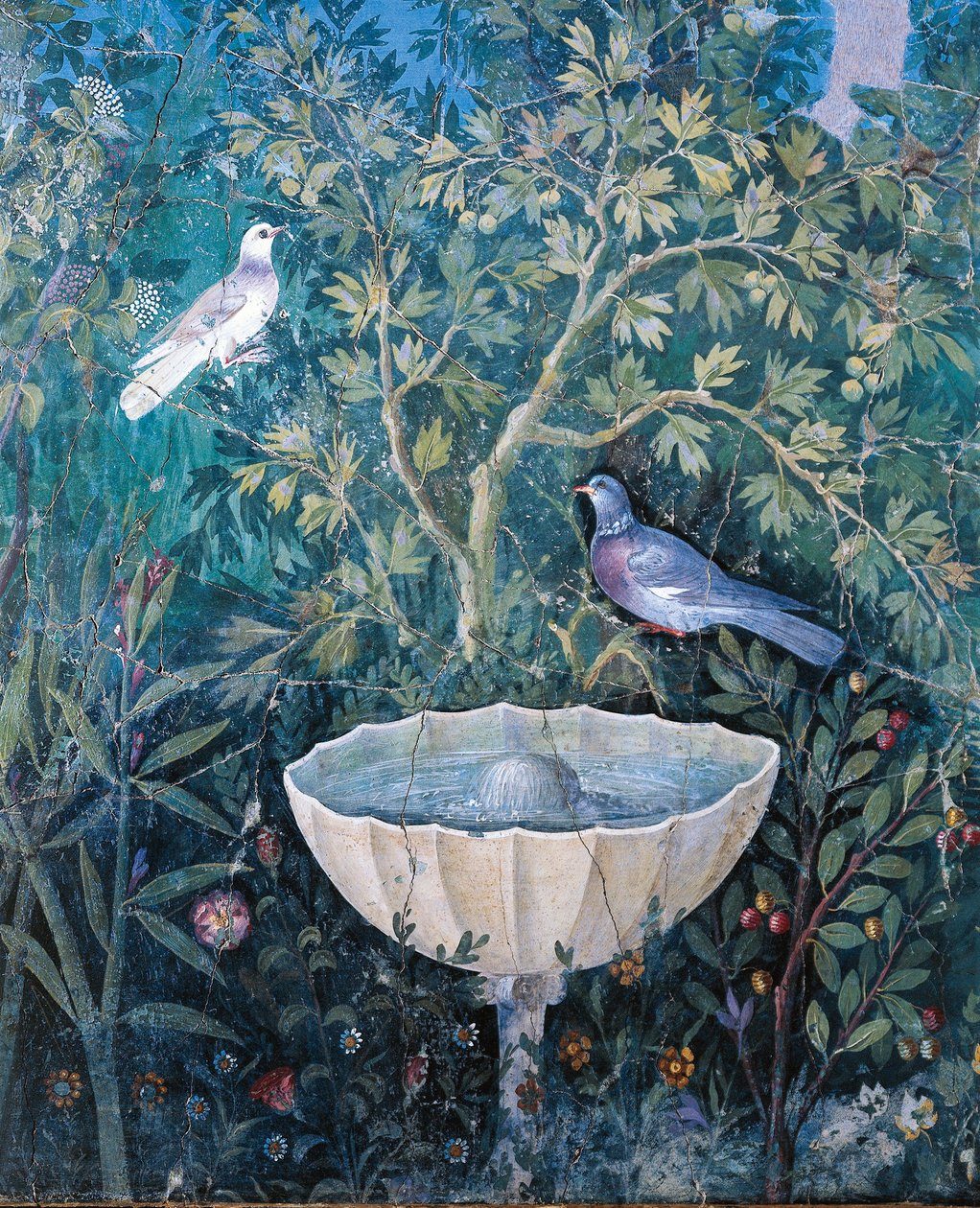 Detalle de fuente y pájaros de una pintura de jardín, Casa del Brazalete de Oro, Pompeya de Roman