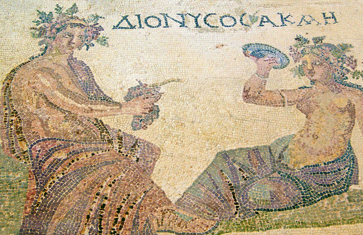 Dionisio aconsejando a la ninfa Akme, Casa de Dionisio, Pafos, Chipre (mosaico) de Roman