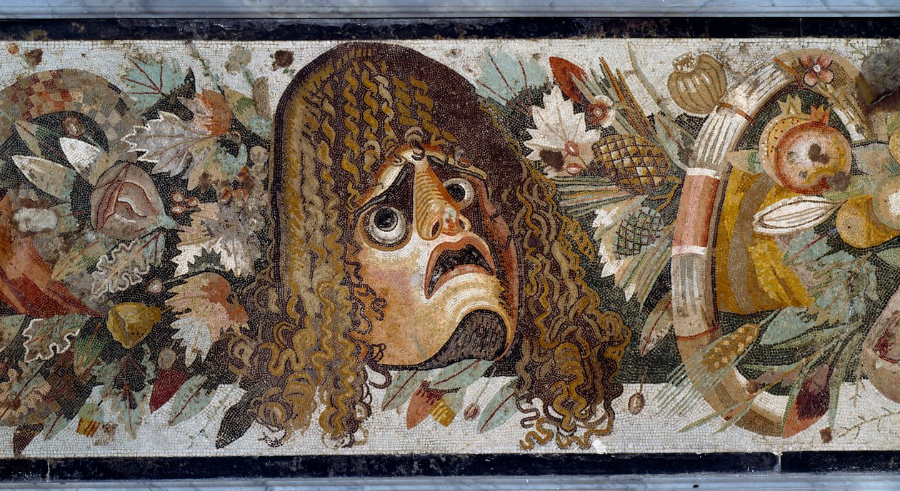 Festone con máscara, hojas y frutas. Detalle. Mosaico de la Casa del Fauno en Pompeya, siglo II a.C. de Roman