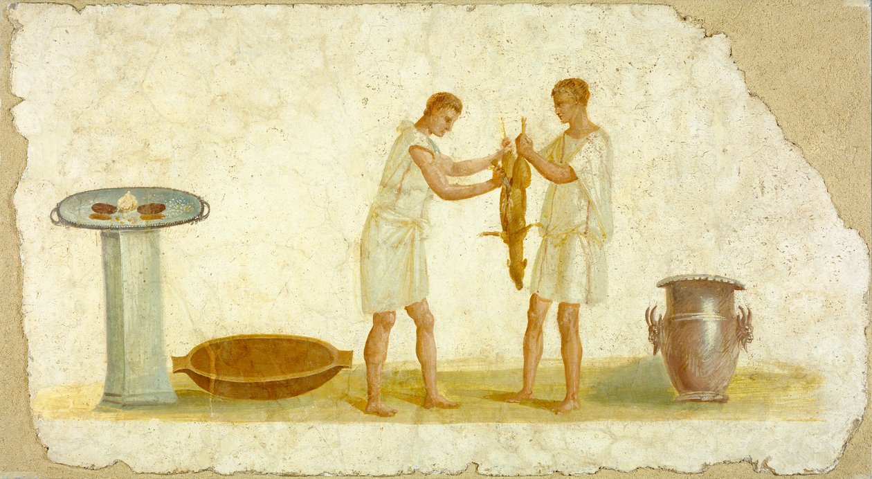 Fragmento de un panel de fresco con preparación de comida, c.100-150 de Roman