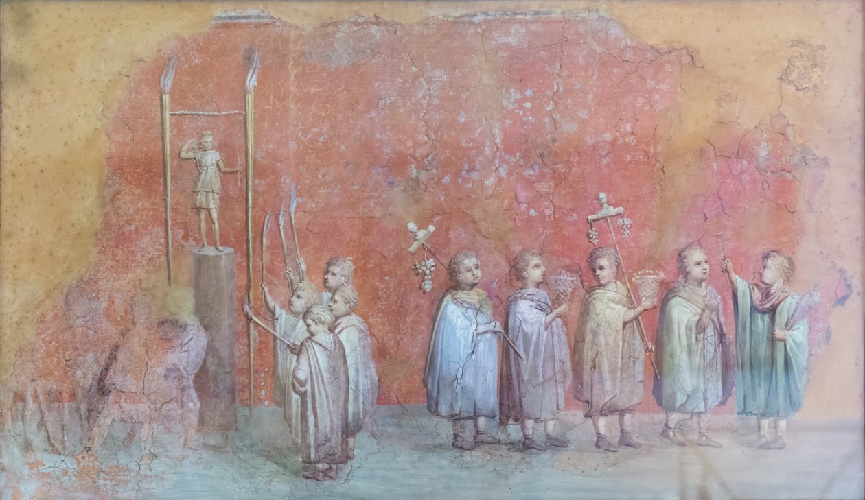 Fragmento al fresco de un calendario que representa a niños en procesión, posiblemente las celebraciones del cumpleaños del emperador Severo y representando el mes de abril, siglo III d.C. (fresco) de Roman