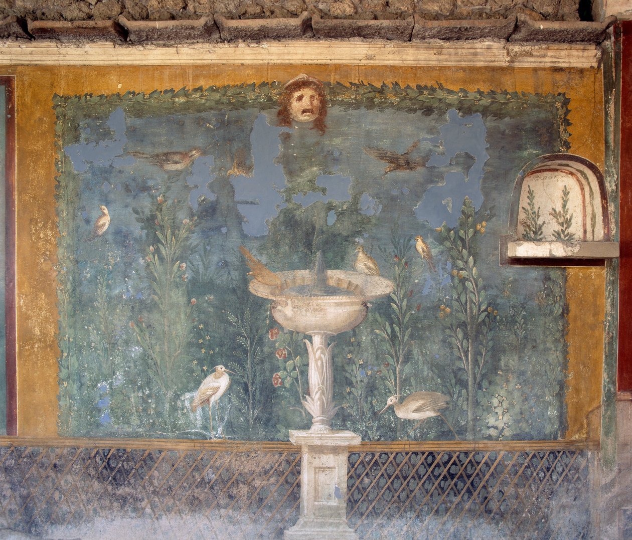 Fresco con fuente, máscara y pájaros, Casa de Venus en la Concha, Pompeya (Lista del Patrimonio Mundial de la Unesco) de Roman