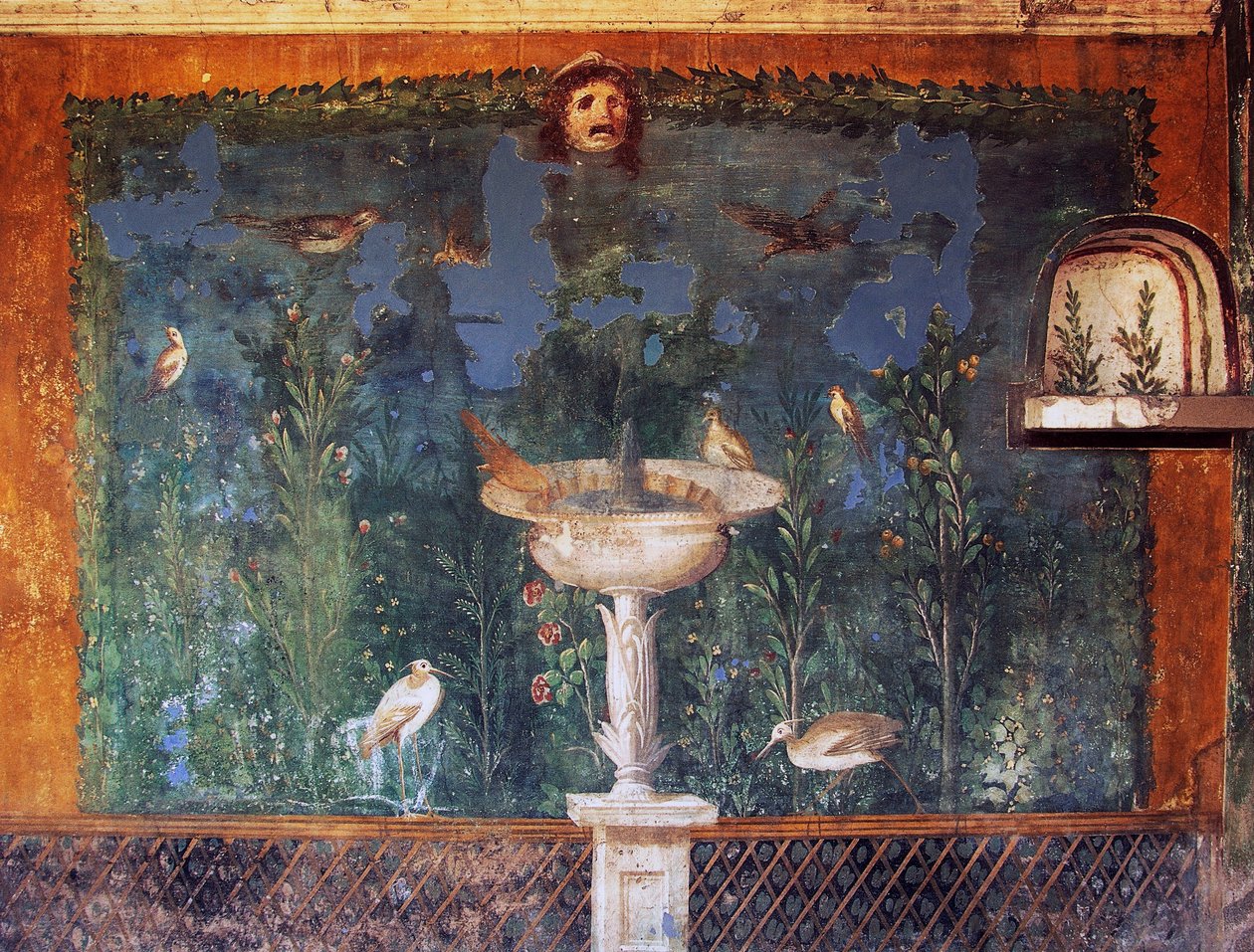 Fresco con fuente, máscara y pájaros, Casa de Venus en la concha, Pompeya, Campania, Italia, civilización romana de Roman