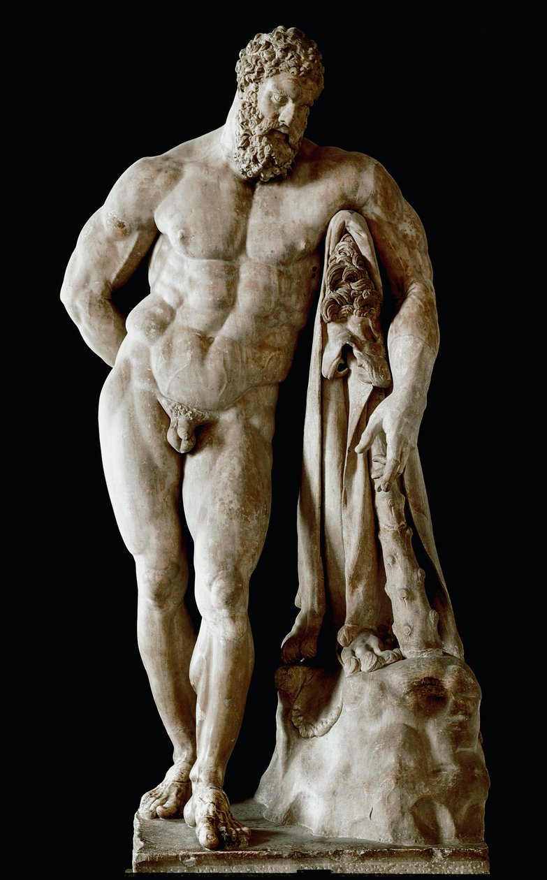 Hércules Farnesio. Escultura colosal de mármol de Glycon de los baños termales de Caracalla en Roma de un original griego de Lisipo de Sición, Dim. 3,17 m, siglo III d.C. - Museo Arqueológico de Nápoles de Roman