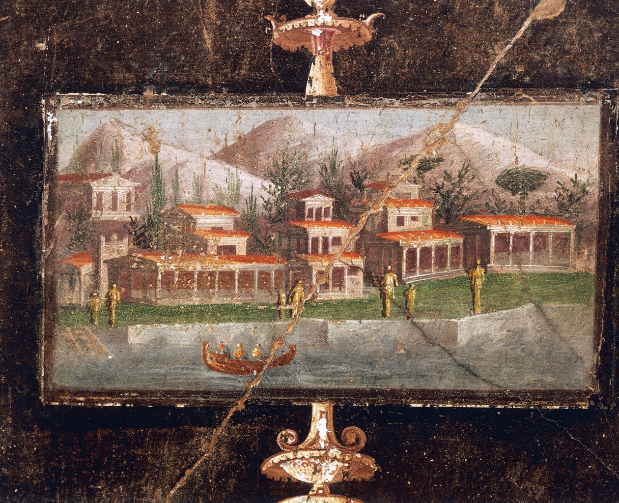 Paisaje y arquitectura en pintura mural en tablinum, Casa de Marco Lucrecio Fronto, Pompeya, Campania, Civilización Romana de Roman