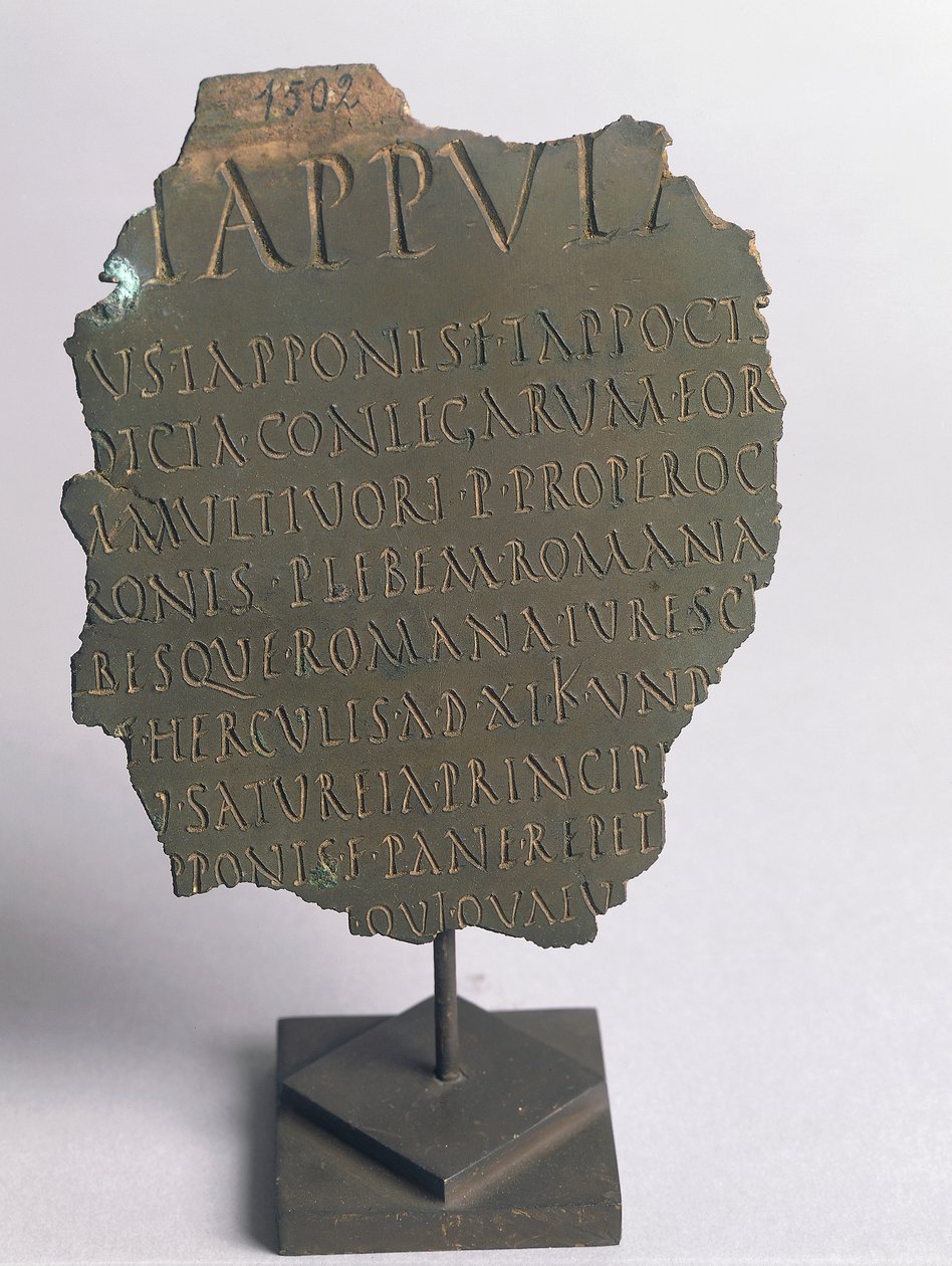 Lex Tappula, fragmento de ley satírica redactada por círculo convivial de Vercelli, parodia escrita en la misma forma que las leyes plebiscitarias romanas, formando parte de las leges conviviales transmitidas por Festo, bronce, civilización romana de Roman