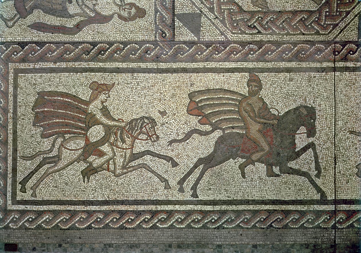 Pavimento de mosaico de la villa romana en Low Ham, ilustrando la historia de Dido y Eneas de la Eneida de Virgilio, c.350 d.C. (detalle) de Roman