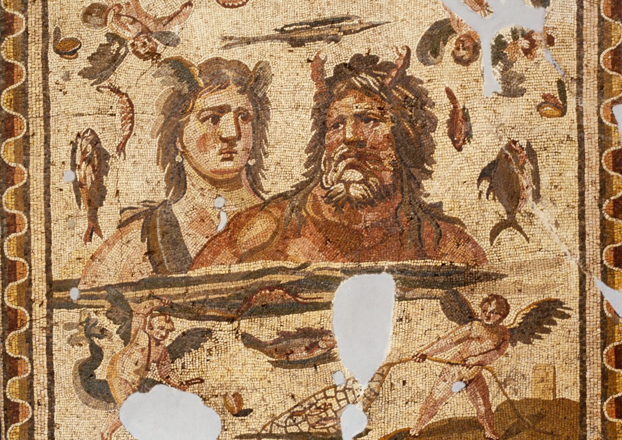 Oceanus y Tethys, Mosaico de la antigua Daphne, Harbiye, Turquía. Civilización romana, siglo IV d.C. de Roman