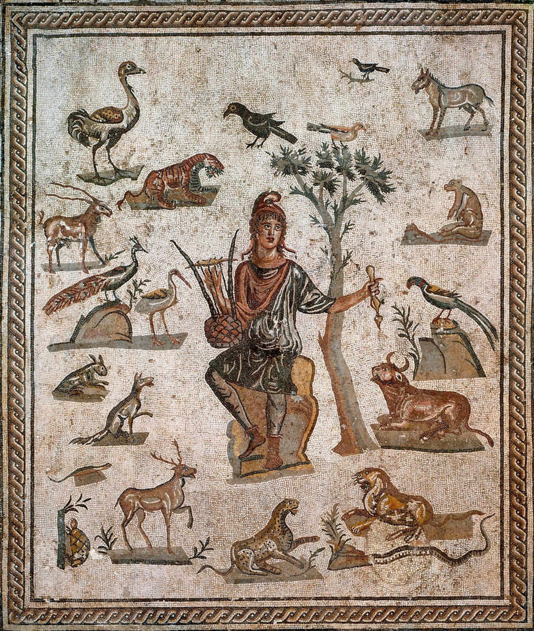 Orfeo rodeado de animales, siglo II de Roman