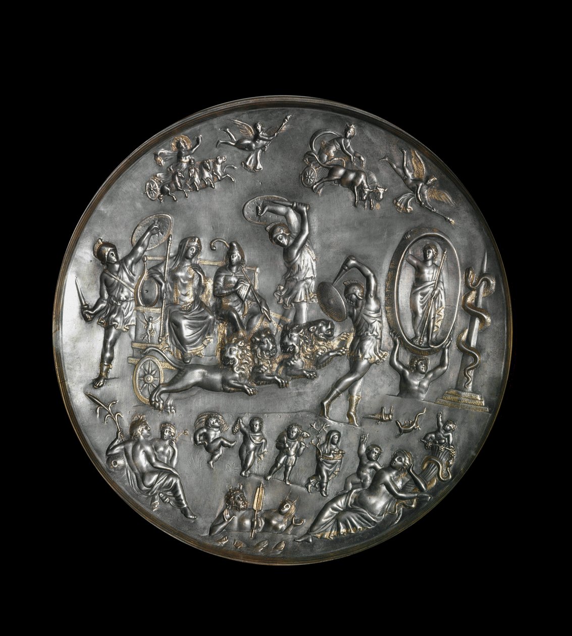 Patere de Parabiago, plato ritual de plata que representa el triunfo de Attis y Cibeles en un carro tirado por leones, siglo IV de Roman