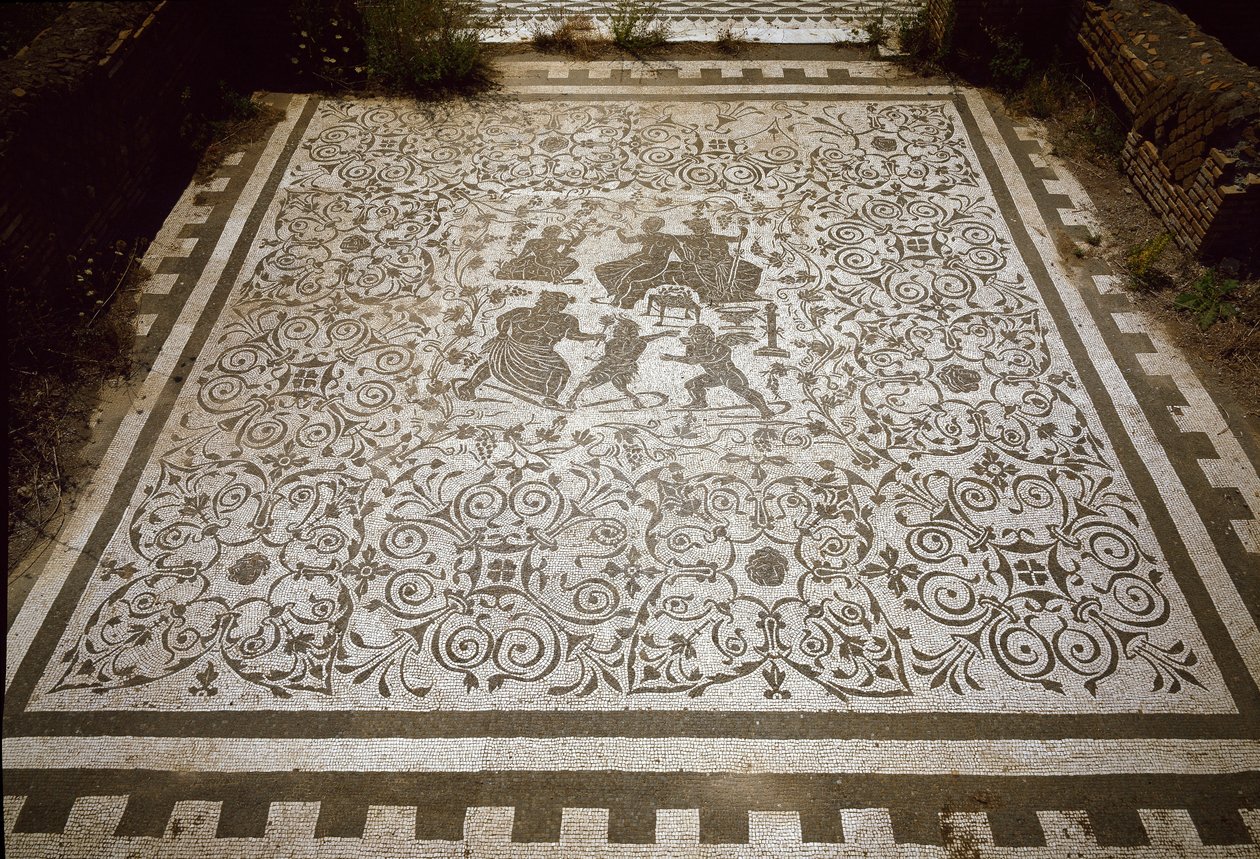 Mosaico del pavimento de la casa de Dionisio y Ariadna, siglo II de Roman