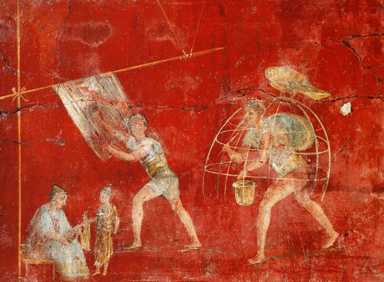 Fresco de pilar que representa la fabricación de lana, de Pompeya, Fullonica de Veranio Ipseo de Roman