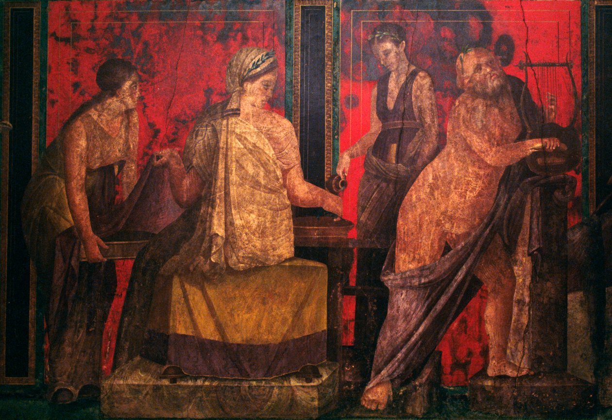 Sacerdotisa y un sileno tocando una lira, escena de la Iniciación a los misterios dionisíacos, Triclinium de la Villa de los Misterios, Pompeya de Roman