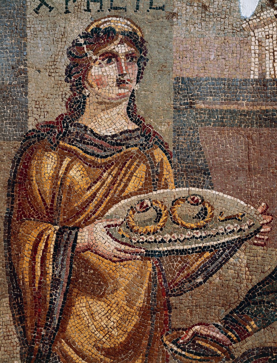 Prisionera Crises entregando las llaves de su rescate a su captor Agamenón, (detalle) del Mosaico de Crises descubierto en Daphne, Antioquía, Turquía de Roman