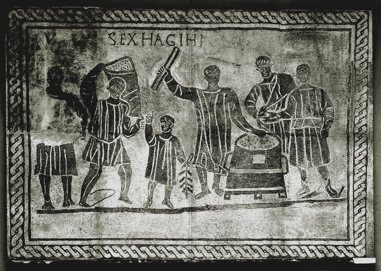 ARTE ROMANO: Medición del grano (maíz). La dote de maíz que Cayo Graco ..., siglo II d.C. (mosaico) de Roman