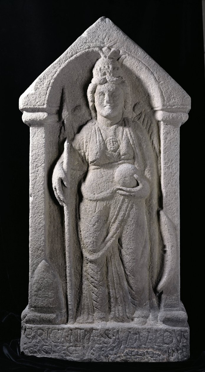 Escultura en relieve que representa a Brigantia, una diosa nativa del norte de Gran Bretaña, como una diosa romana, de Birrens, Middlebie, Dumfriesshire de Roman