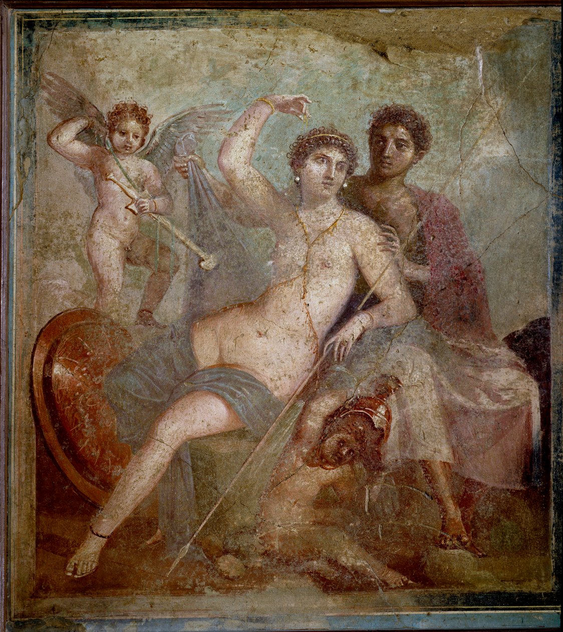Representación de Ares y Afrodita, acompañados por amores jugando con las armas del dios de Roman