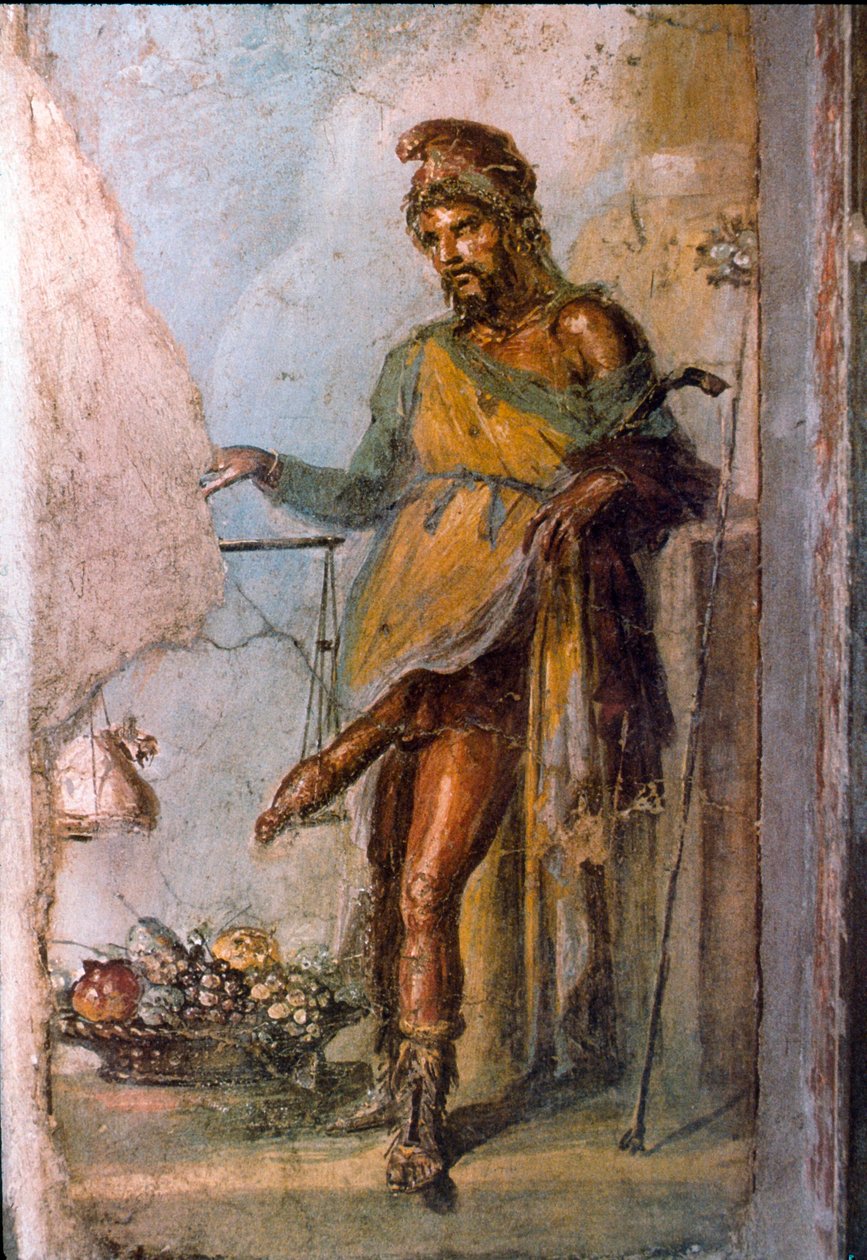 Representación de la divinidad griega Príapo, dios de la fertilidad, con un pene enorme constantemente en erección. Detalle de un fresco de Pompeya. Casa dei Vettii. Siglo I d.C. de Roman