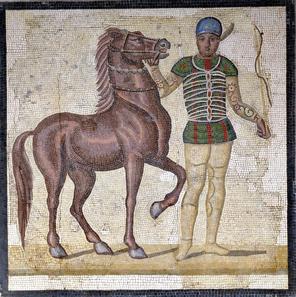 Representación de las cuatro facciones del circo romano: los Verdes (factio prasina). Las facciones eran clubes que participaban en competiciones circenses en el Alto Imperio (siglo I d.C.) y se caracterizaban por un color. Mosaico, Roma Museo nazionale Ro de Roman