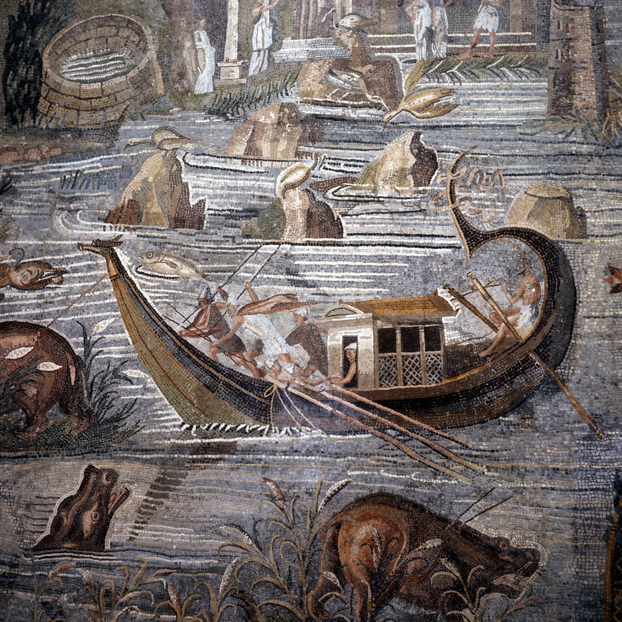 Barco fluvial del siglo I a.C. (detalle) del mosaico de Palestrina. El timón está en la popa y es doble. Este mosaico proviene del Templo de la Fortuna y se conserva en el Palacio Barberini de Roman