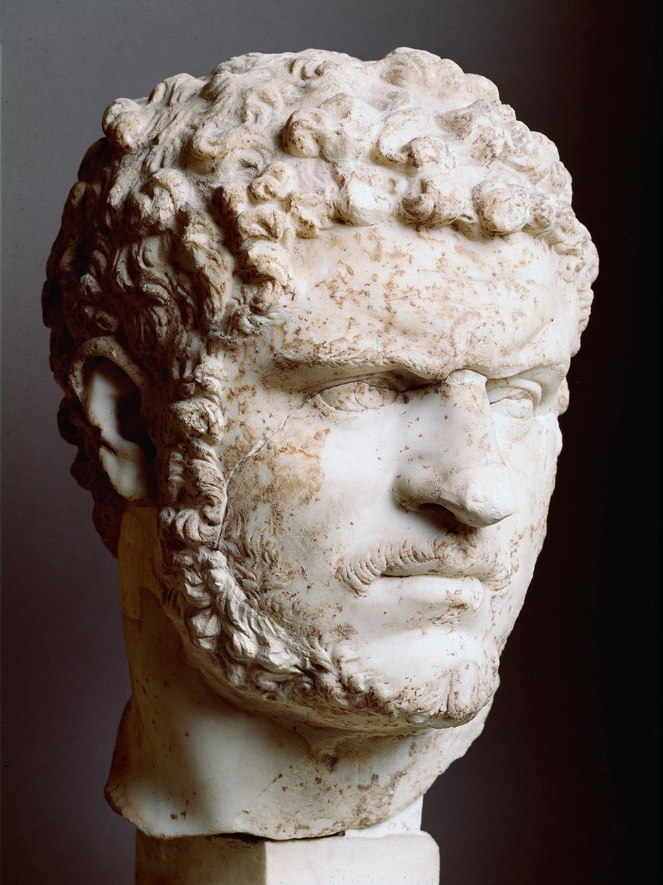 Arte Romano: Cabeza de mármol de Caracalla (188-217), Emperador de 211 a 217 d.C., 211-217 d.C., Dim. 28 cm - Roma, Palazzo dei Conservatori, Italia - Cabeza de Caracalla (188-217) - Escultura de mármol de Roman