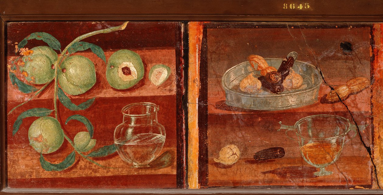 Arte Romano: "Bodegón de melocotones y frutas secas" Fresco romano de Pompeya. Siglo I a.C.-siglo I d.C. Conservado en el Museo Arqueológico Nacional de Nápoles. Italia de Roman