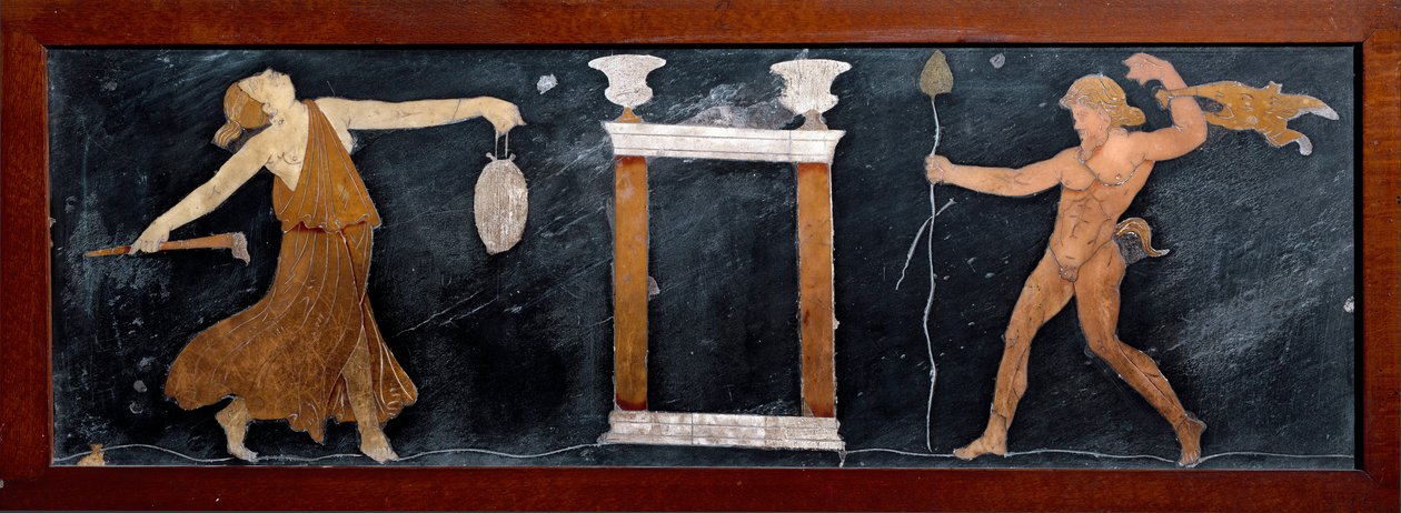 Arte romano: “La danza de una ménade y un sátiro cerca de un pequeño templo”. Marquetería de Pompeya. Dim. 23x67 cm Museo Arqueológico Nacional, Nápoles de Roman