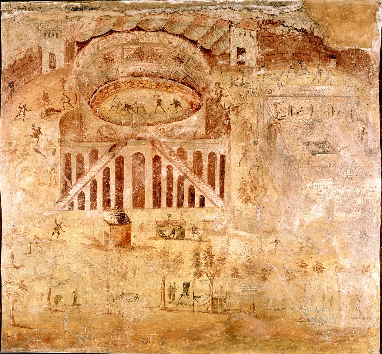 Arte romano: lucha violenta entre los habitantes de Nocera y los pompeianos en el anfiteatro de Pompeya en 59 d.C. (detalle) de Roman