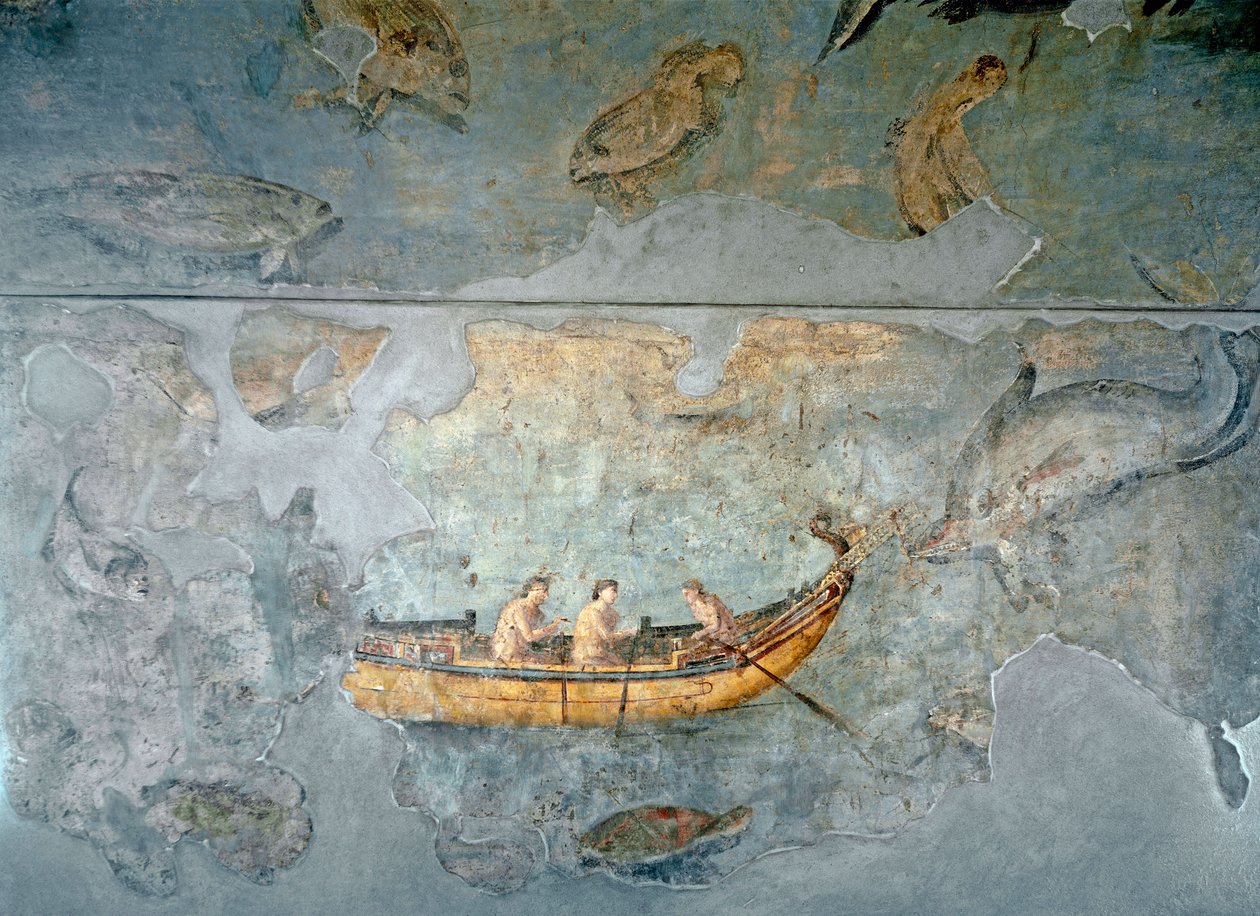 Arte romano: pescadores en un bote. Fresco de una casa ubicada cerca de un puerto fluvial de Roma. 131 d.C. Roma, Museo Nazionale Romano (o delle Terme) de Roman