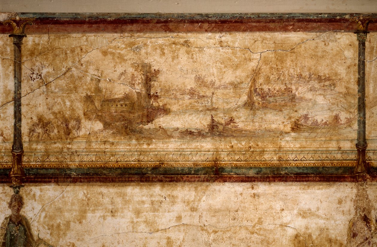 Arte romano: "escena marítima, con birremes y trirremes". Fresco alrededor de 25-19 a.C. Dim. 73 cm Roma, Museo Nazionale Romano de Roman