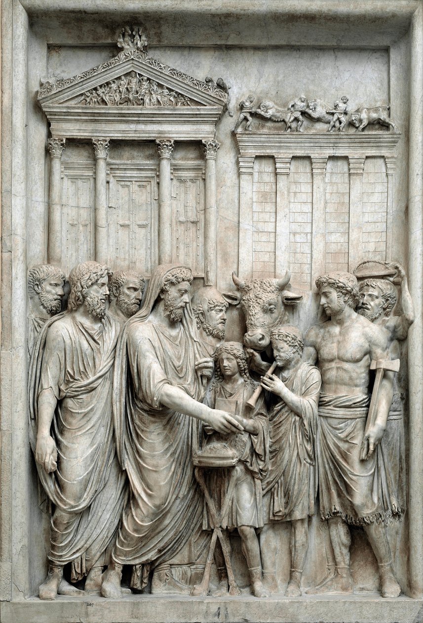 El emperador romano Marco Aurelio sacrificando ante el Templo de Júpiter, Roma, c.161-180 (relieve de mármol) de Roman