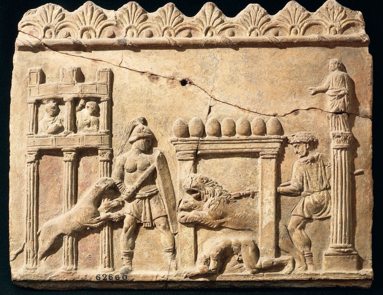 Relieve romano que representa leones y gladiadores luchando en el circo de Roman
