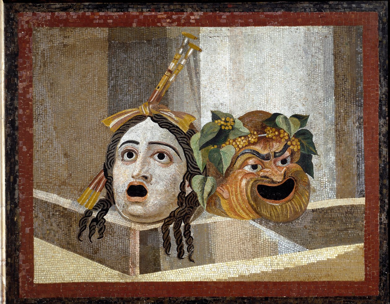Máscaras del teatro romano - Mosaico romano, siglo II d.C., de los Baños de Decio en el Aventino, Roma, Italia - Arte romano: máscaras del teatro romano. Mosaico del siglo II d.C. - De los Baños de Decio en el Aventino, Roma - Musei Capitolini, Roma de Roman