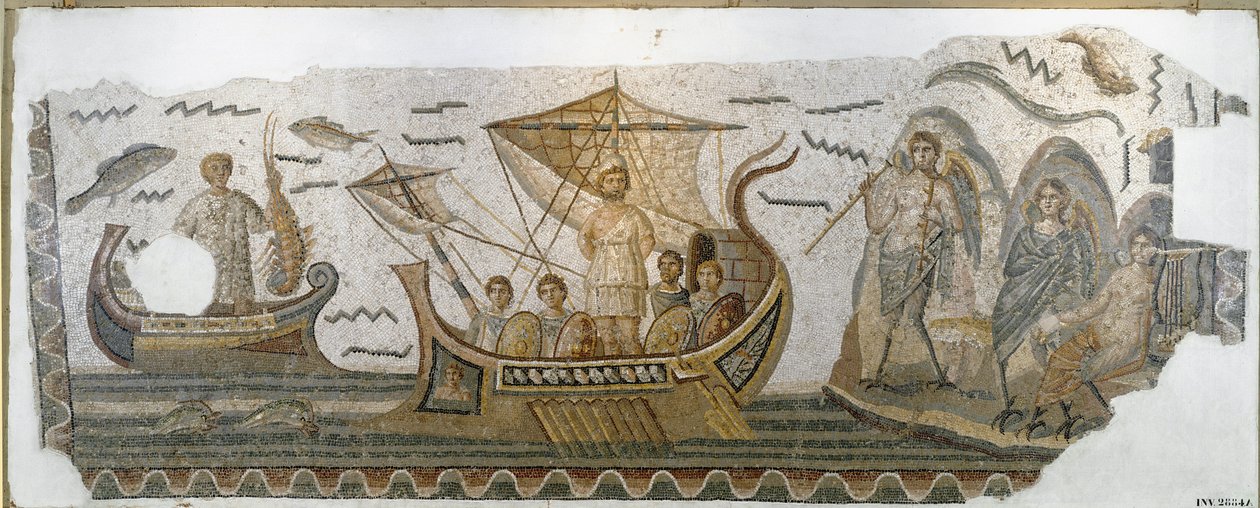 Ulises en su barco resiste el canto de las sirenas (Odisea de Homero) Mosaico. 250-270 d.C. Dim. 380x130 cm Túnez, Museo Nacional del Bardo de Roman