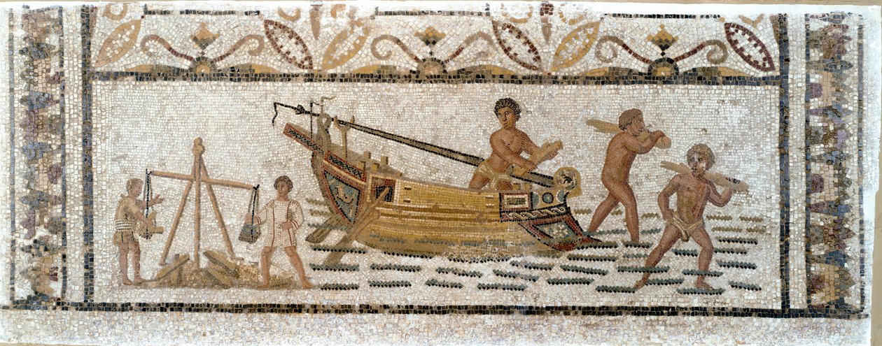 Antigüedad romana: “Descarga de un cargamento de madera de un barco y pesaje de plomo” Mosaico procedente de Susa en Túnez. Siglo III d.C. Museo del Bardo, Túnez de Roman