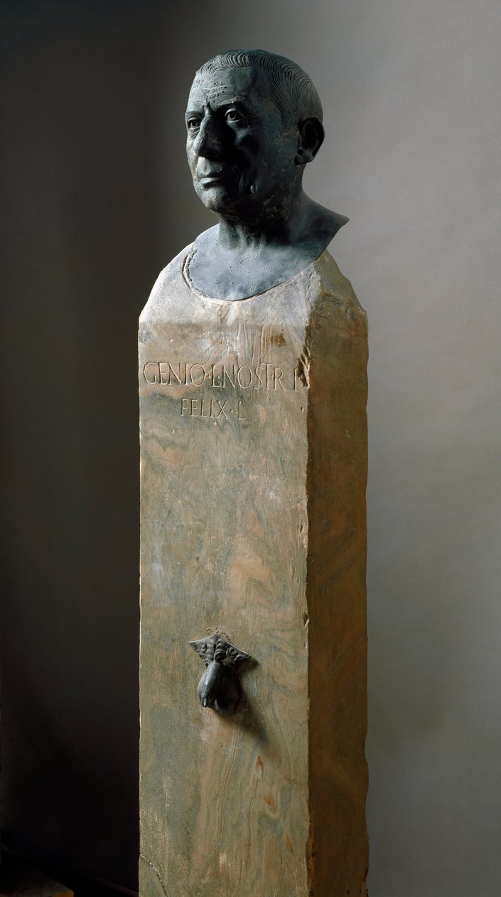 Arte romano: busto del banquero Lucius Caecilius Iucundus (circa 20-69 d.C.) Escultura de bronce. Siglo I d.C. De Pompeya. Nápoles, Museo Arqueológico Nacional de Roman