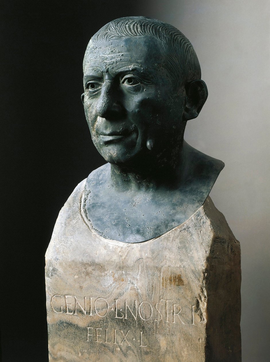 Arte romano: busto del banquero Lucius Caecilius Iucundus (circa 20-69 d.C.) Escultura de bronce. 1er siglo d.C. De Pompeya. Nápoles, Museo Arqueológico Nacional de Roman