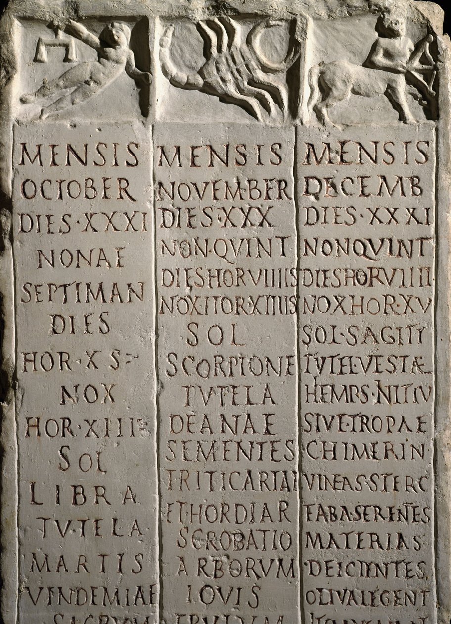 Arte romano: calendario del Campo de Marte indicando los meses (octubre, noviembre, diciembre), los días con las constelaciones y signos del zodiaco (Libra, Escorpio, Sagitario) y el trabajo agrícola correspondiente de Roman