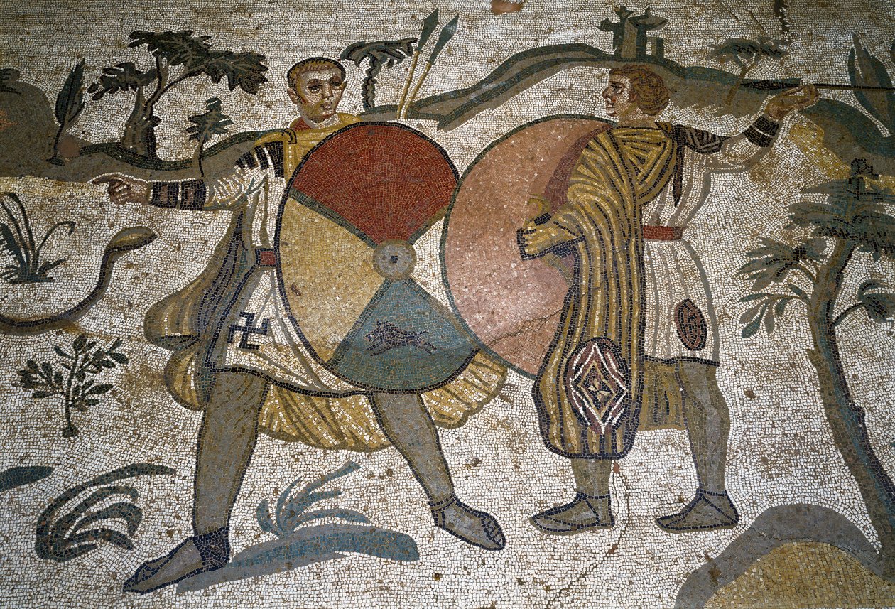 Arte romano: (detalle) del mosaico "La gran partida de caza". Cazadores con grandes escudos. 315-350 d.C. Piazza Armerina, Villa Romana del Casale de Roman