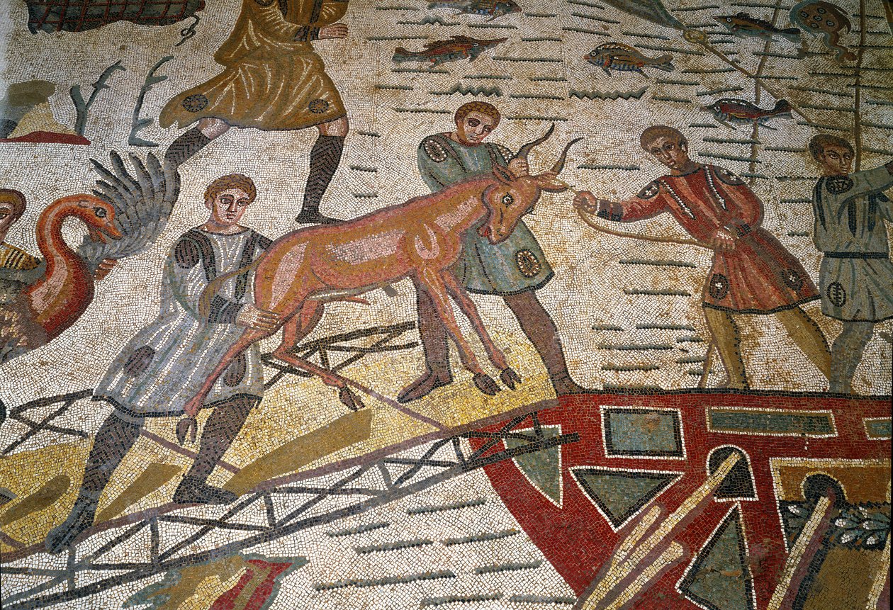 Arte romano: detalle del mosaico “La gran cacería” Gacelas son cargadas en barcos. 315-350 d.C. Piazza Armerina, Villa Romana del Casale de Roman