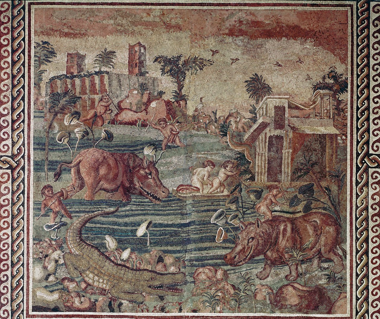 Arte romano: mosaico de paisaje del Nilo de una villa en la colina del Aventino, Roma siglo I-II d.C. Roma, Museo Nazionale Romano en Palazzo Massimo, Inv 171 de Roman